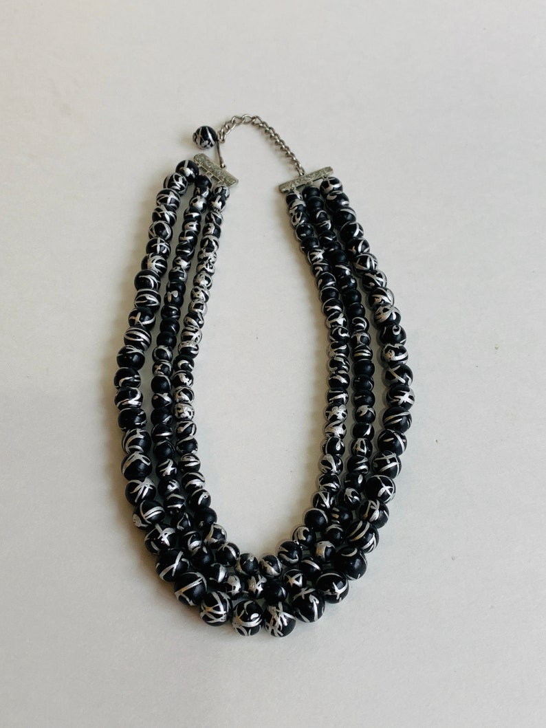 Silver and Black Vintage Triple Strand Beaded Grannie Chic Necklace