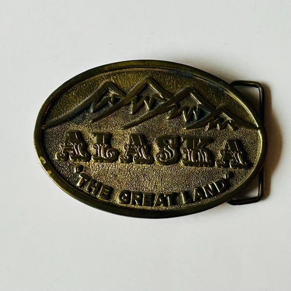 Vitage Alaska The Great Land Belt Buckle, Mountains, AJ Dezy