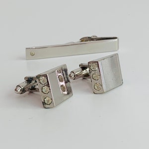 Vintage Cufflink, Tie Clip Set, Silver Metal with Rhinestones