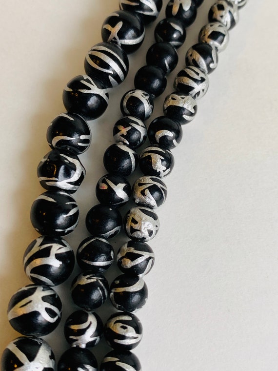 Silver and Black Vintage Triple Strand Beaded Grannie Chic Necklace