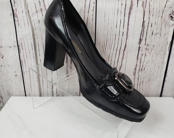 Via Spiga Heels Womens Size 7.5M Slip On Square Toe Buckle Accent Leather Black