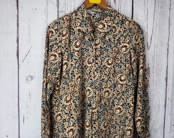 Womens Vintage Floral Button Down Blouse Top Size Small Long Sleeve Brown