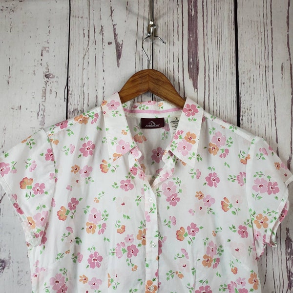 Jordache Vintage Button Down Blouse Juniors Size Large 11/13 Floral White