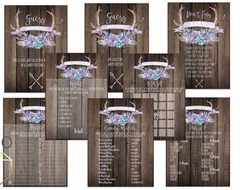 Boho Succulents Girls Baby Shower Games Package, Purple Antlers Bohemian Baby Shower Games, Rustic Dark Wood Game Bundle Instant Download