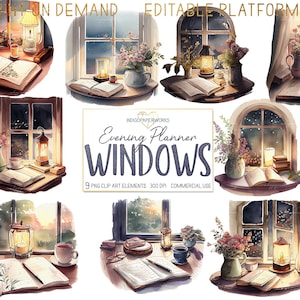 Watercolor Planner Window Scene Clipart - 12 PNG cute watercolor night windows, planner,  & coffee graphic elements for COMMERCIAL USE