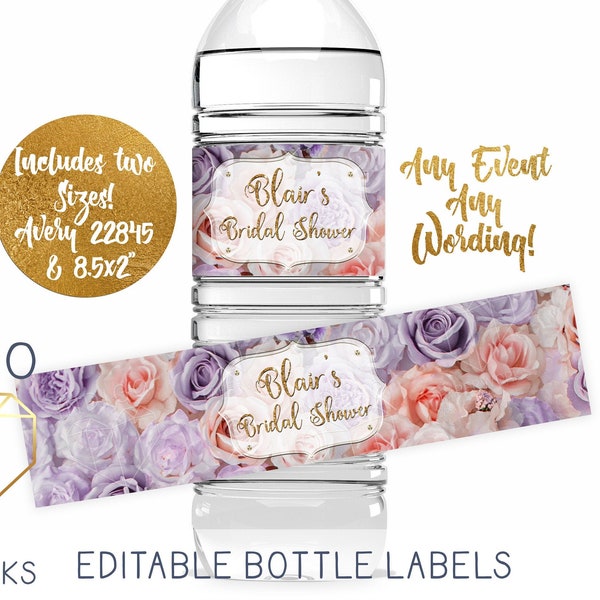 Printable Lavender Rose Garden Water Bottle Label, Gold Modern Bridal Party Decor Boho Blush Pink Floral Women's Birthday Party DIY Labels