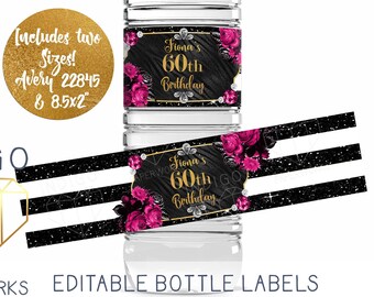 Hot Pink Glam Black and White Striped Printable Water Bottle Label, Glitter Glitz Rose Floral Women&#39;s Birthday DIY Avery Label Template