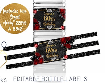 Red Glam Black and White Striped Water Bottle Label, DIY Party Printable Glitter Glitz Rose Floral Women&#39;s Happy Birthday DIY Avery Labels