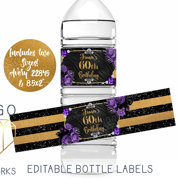 Purple Glam Black and Gold Striped Printable Water Bottle Label, Glitter Glitz Rose Floral Women's Happy Birthday Party Avery DIY Labels