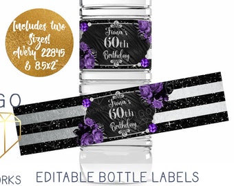 Purple Glam Black and Silver Striped Printable Water Bottle Label, Glitter Glitz Floral Women&#39;s Happy Birthday Party Avery DIY Labels