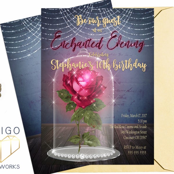 Enchanted Rose Party Invitation, Beauty and the Beast Magic Rose Printable Custom Digital Invite, Sweet 16, Quinceanera, Birthday, Shower