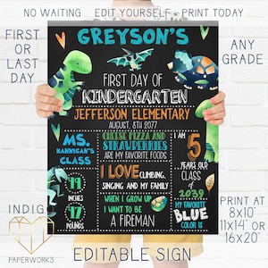 Printable Dinosaur First Day Of School Chalkboard Sign Reusable Boys Last Day Photo Prop, 1st Day School Sign, All About Me Preschool Sign