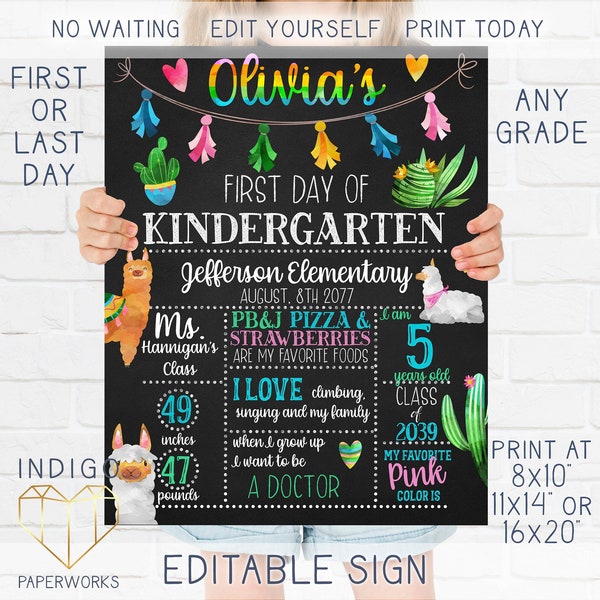 Printable Llama First Day Of School Chalkboard Sign Reusable Girls Last Day Photo Prop, 1st Day School Sign, All About Me Preschool Sign