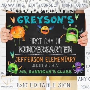 Printable Monster First Day Of School Chalkboard Sign, Reusable Last Day Of School Photo Prop, Personalized 8x10 1st Day Of Preschool Sign