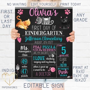 Printable Kitty Cat First Day Of School Chalkboard Sign Reusable Girls Last Day Photo Prop, 1st Day School Sign, All About Me Preschool Sign