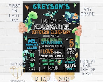 Printable Dinosaur First Day Of School Chalkboard Sign Reusable Boys Last Day Photo Prop, 1st Day School Sign, All About Me Preschool Sign
