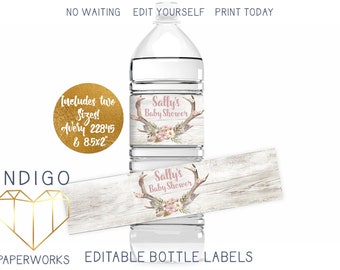 Personalized Rustic Water Bottle Labels, Printable Oh Deer Antlers Country Boho Distressed Wood DIY Custom Personalized Avery Labels 22845