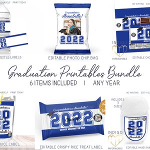 Printable Blue and White Graduation Party Bundle, Class of 2023 Classic Custom DIY Party Favors Grad Party Decorations Set Instant Download