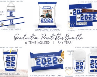 Printable Blue and White Graduation Party Bundle, Class of 2023 Classic Custom DIY Party Favors Grad Party Decorations Set Instant Download