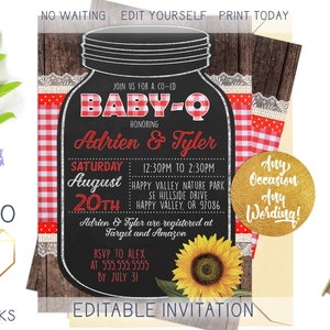 Baby-Q Printable Baby Shower Invitation, Rustic Wood Red Gingham Co-ed Invite, Girl Boy Neutral Vintage Country BBQ Custom Invitation
