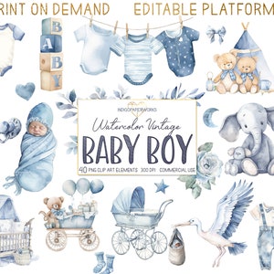 Watercolor Baby Boy Clipart- 41 PNG It's a boy vintage nursery and newborn baby graphic elements in light blue for COMMERCIAL USE