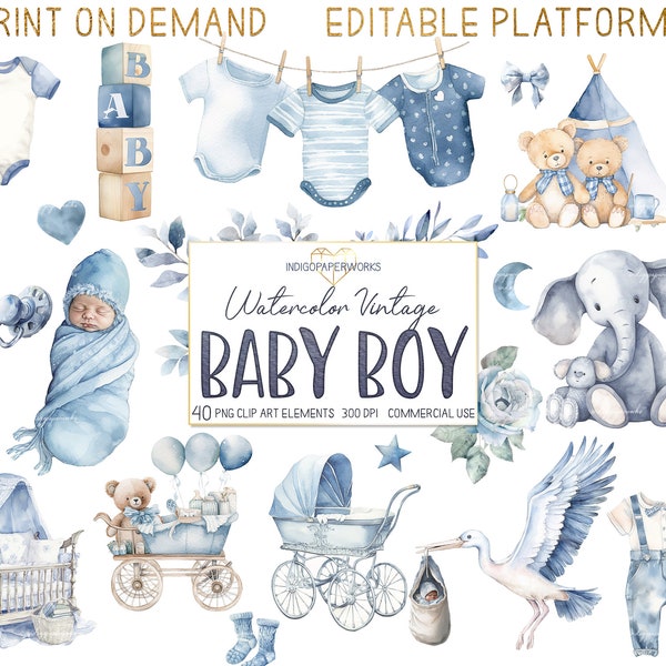 Watercolor Baby Boy Clipart- 41 PNG It's a boy vintage nursery and newborn baby graphic elements in light blue for COMMERCIAL USE