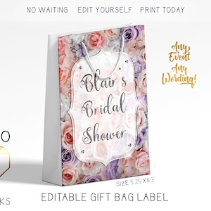Rose Garden Bridal Shower Gift Bag Label, Lavender Silver Glitter Modern Bridal Favor Bag, Floral Women&#39;s Birthday DIY Custom Printable Bag