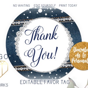 Denim and Diamonds Party Favor Tags, Blue Jeans Bling Thank You 2&quot; Round Tags Avery 22807 22871, Modern Birthday Party Sticker DIY Download