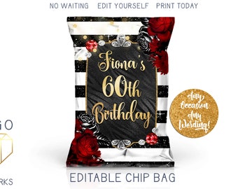 Glam Birthday Chip Bag, Striped Black White Glitter Chip Favor Bag, Jewels Diamond Birthday Favors, Custom DIY Custom Printable Party Favor
