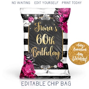 Glam Birthday Chip Bag, Striped Black White Glitter Chip Favor Bag, Jewels Diamond Birthday Favors, Custom DIY Custom Printable Party Favor