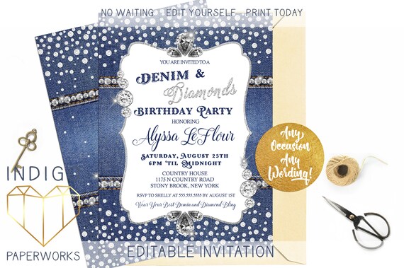 Denim And Diamonds Party Invitation Blue Jeans Bling Birthday Etsy