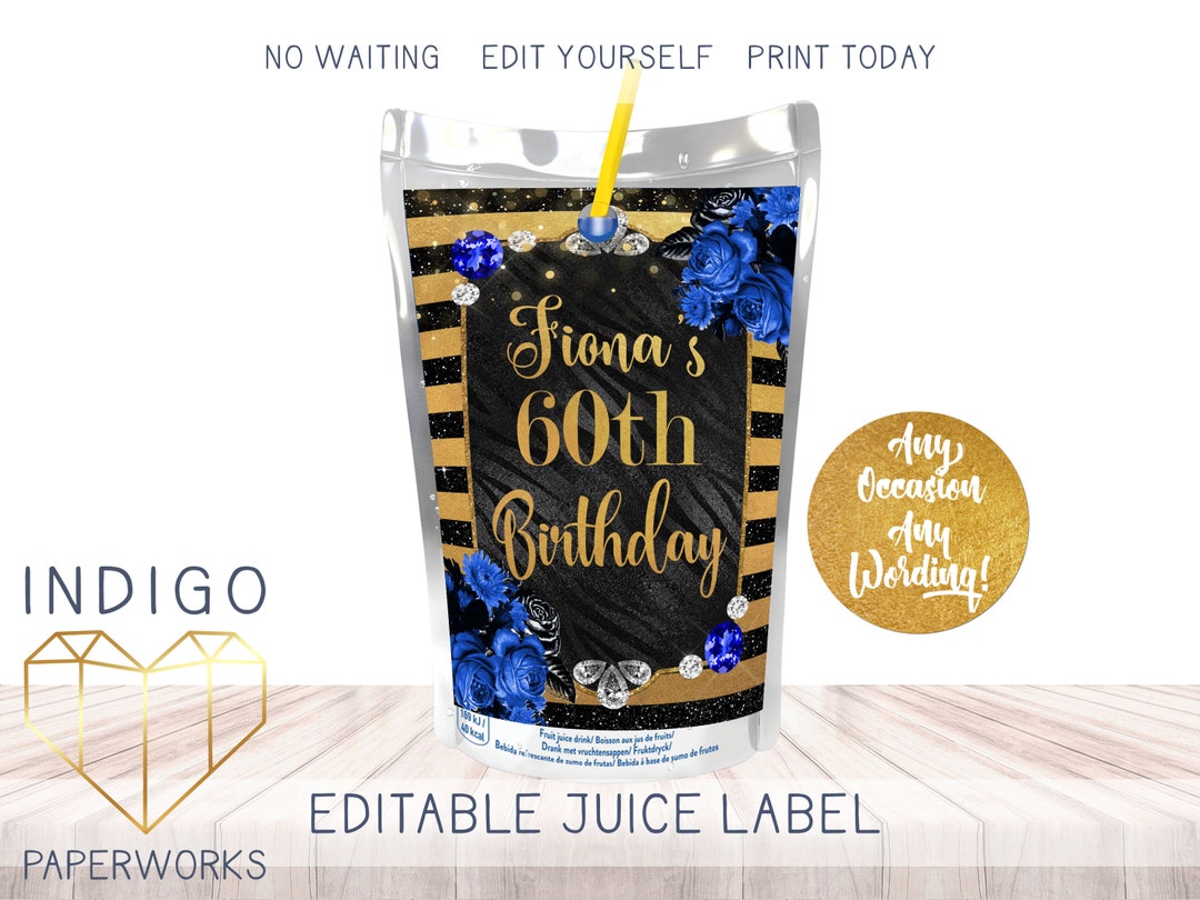 Printable Glam Juice Label, Floral Sapphire and Gold Striped Diamond ...