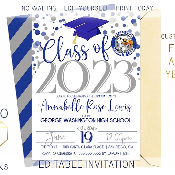 Printable 2023 Graduation Party Invitation, Navy Blue and Grey Digital Grad Invite, Aqua Custom Editable Template Instant Download