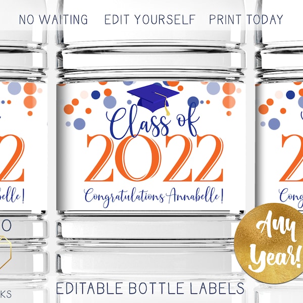 Printable 2023 Graduation Water Bottle Labels, Custom Personalized Navy and Orange Grad Cap Labels for Avery 22845 Instant Download