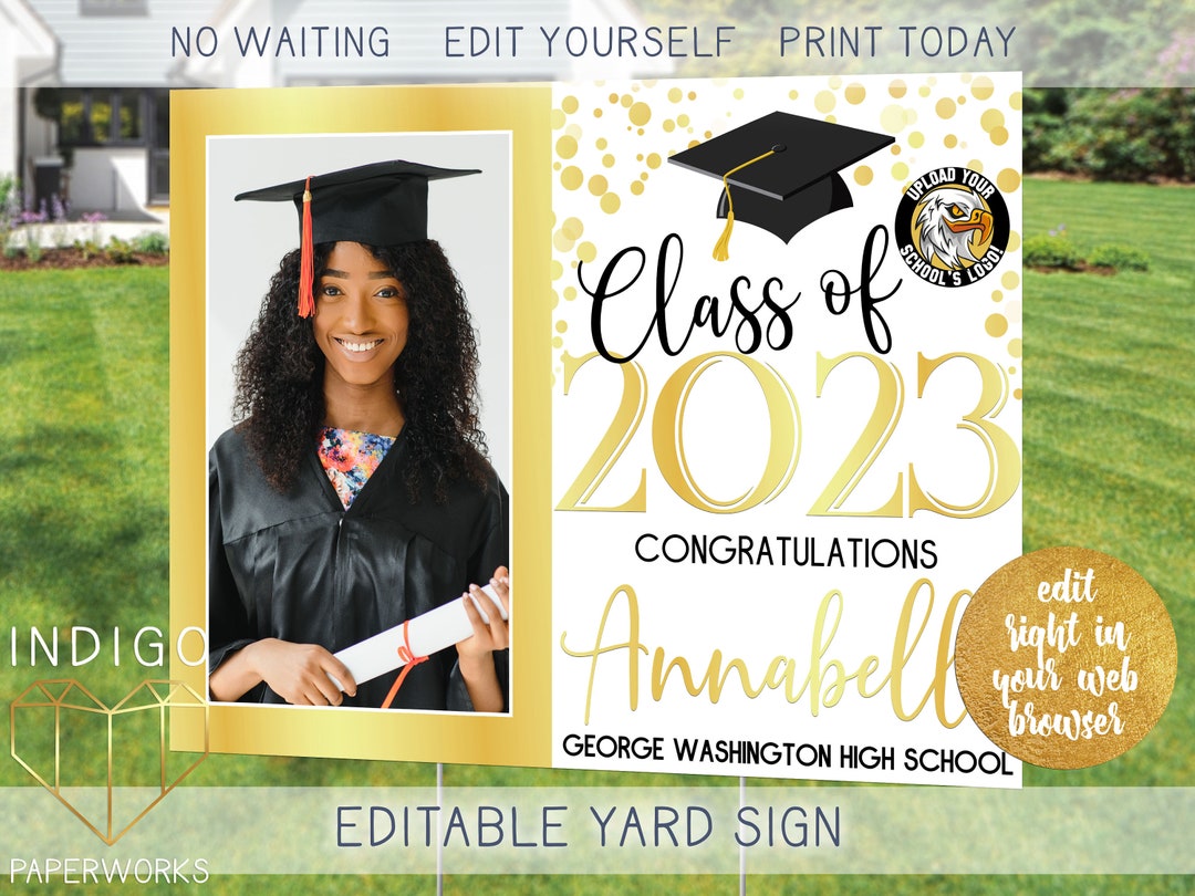 Printable 2025 Grad Lawn Sign With Photo Gold Foil and White Custom ...