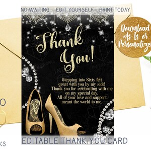 Afdrukbare bedankkaart met hoge hak Mandala Boho Glam Flat 4 x 6 kaart modern Stepping into Sixty Card Diamond Glitter Sparkle Jewels