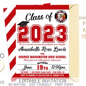 Printable 2023 Red & White Graduation Party Invitation, Classic Class of 2023 Digital Grad Invite Custom Editable Template Instant Download