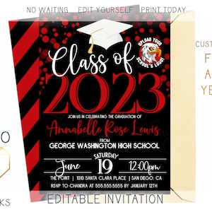 Printable 2023 Graduation Party Invitation, Black and Red Digital Grad Invite, Aqua Custom Editable Template Instant Download