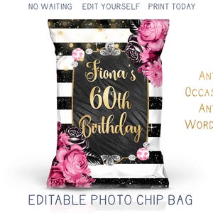 Glam Schwarz-weiß gestreifte Geburtstags-Chip-Tasche, Juwelen-Diamant-Geburtstags-Geschenk-Tasche, hellrosa Blumenrosen