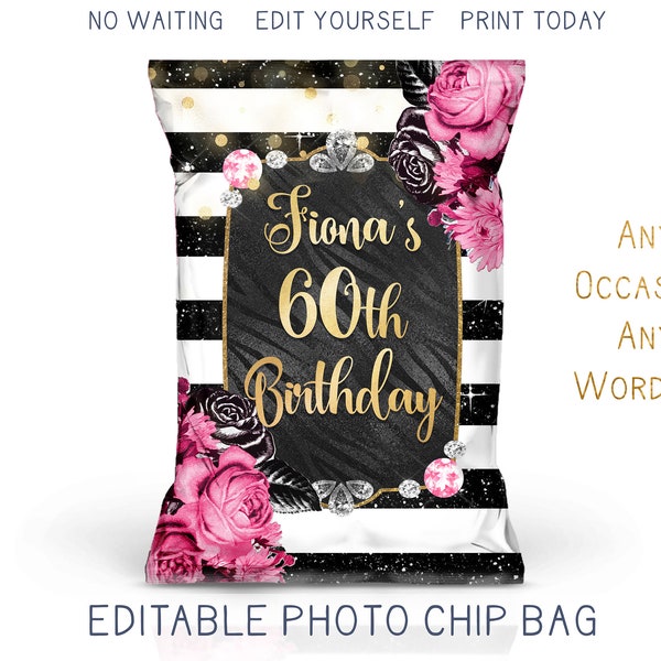 Glam Black & White Striped Birthday Chip Bag, Jewels Diamond Birthday Favor Bag, Light Pink Floral RosesCustom DIY Printable Party Favor