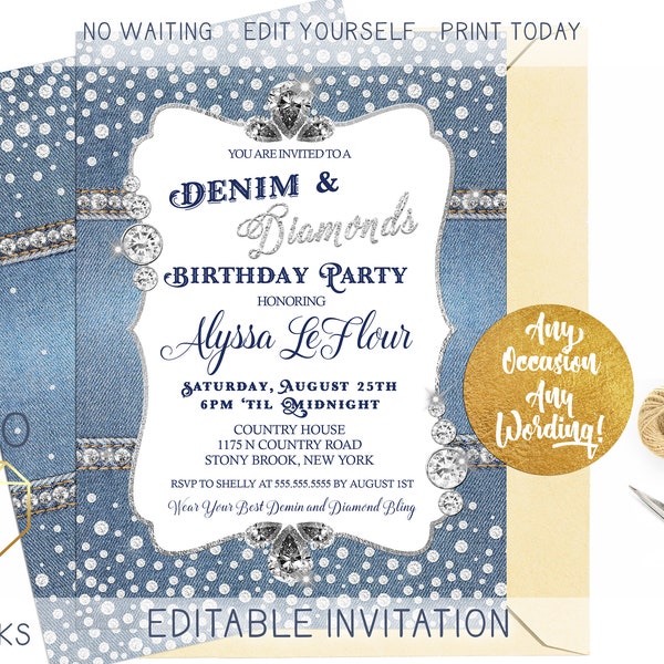 Denim and Diamonds Party Invitation, Blue Jeans Bling Birthday Invitation, Modern Glitter Sparkle Jewels Printable Digital Party Invitation