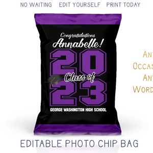 Printable 2025 Graduation Chip Bag with Photo, Purple and Black Grad Party Favor Bag, Trunk Party Decor DIY Editable Template