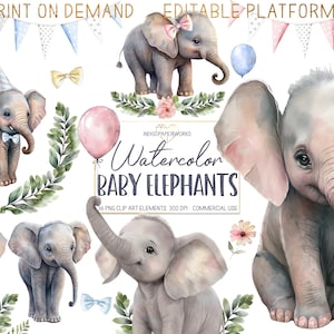 Baby Elephant Watercolor Art Clipart- 39 PNG cute elephants with flowers, party hats, and balloons graphic elements for COMMERCIAL USE