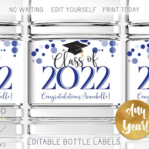 Druckbare 2023 Abschluss-Wasserflaschen-Etiketten, benutzerdefinierte personalisierte Marine- und Weiß-Abschluss-Kappen-Etiketten für Avery 22845 Instant Download