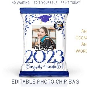 Printable 2025 Graduation Chip Bag with Photo, Modern Navy Blue & White Grad Party Favor Bag, DIY Trunk Party Decor
