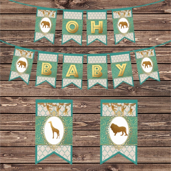 Boy Baby Shower Decorations Pack Teal And Gold Safari Baby Etsy