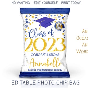 Printable 2025 Graduation Chip Bag, Navy Blue and Yellow Modern Grad Party Favor Bag, Trunk Party Decorations DIY Editable Template