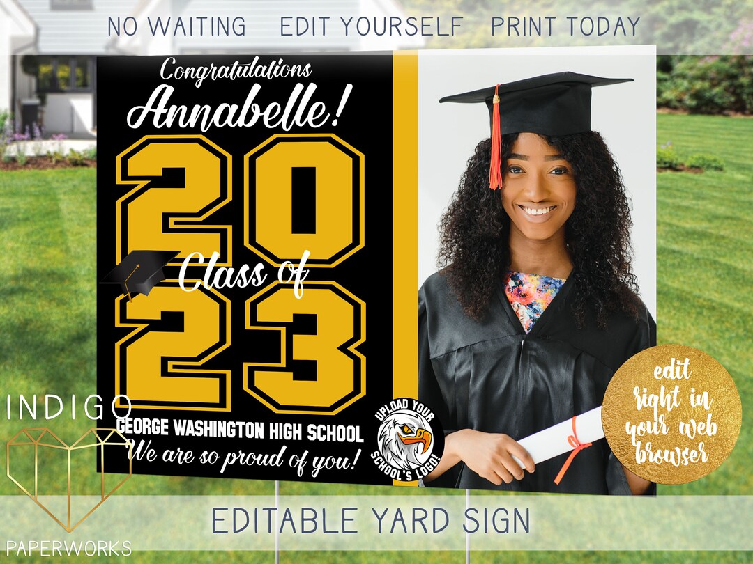Printable 2023 Graduation Photo Lawn Sign, Black and Gold Custom Grad ...