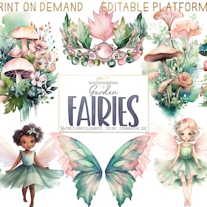 Watercolor Fairies Clipart- 16 cute garden fairy PNG fairy house, fairy crown & magic wand transparent graphic elements for COMMERCIAL USE