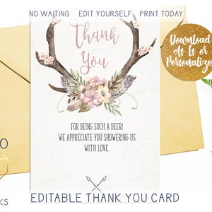 Rustieke roze boho herten bedankkaart, bloemen meisje babyshower platte 4 x 6 kaart, hertengewei Boho aangepaste bedankkaart direct downloaden